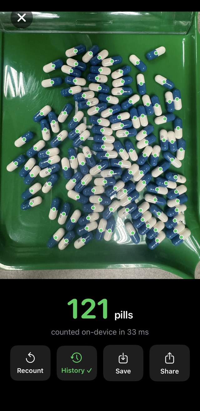 iOS app counting 121 capsules on-device in 33 ms
