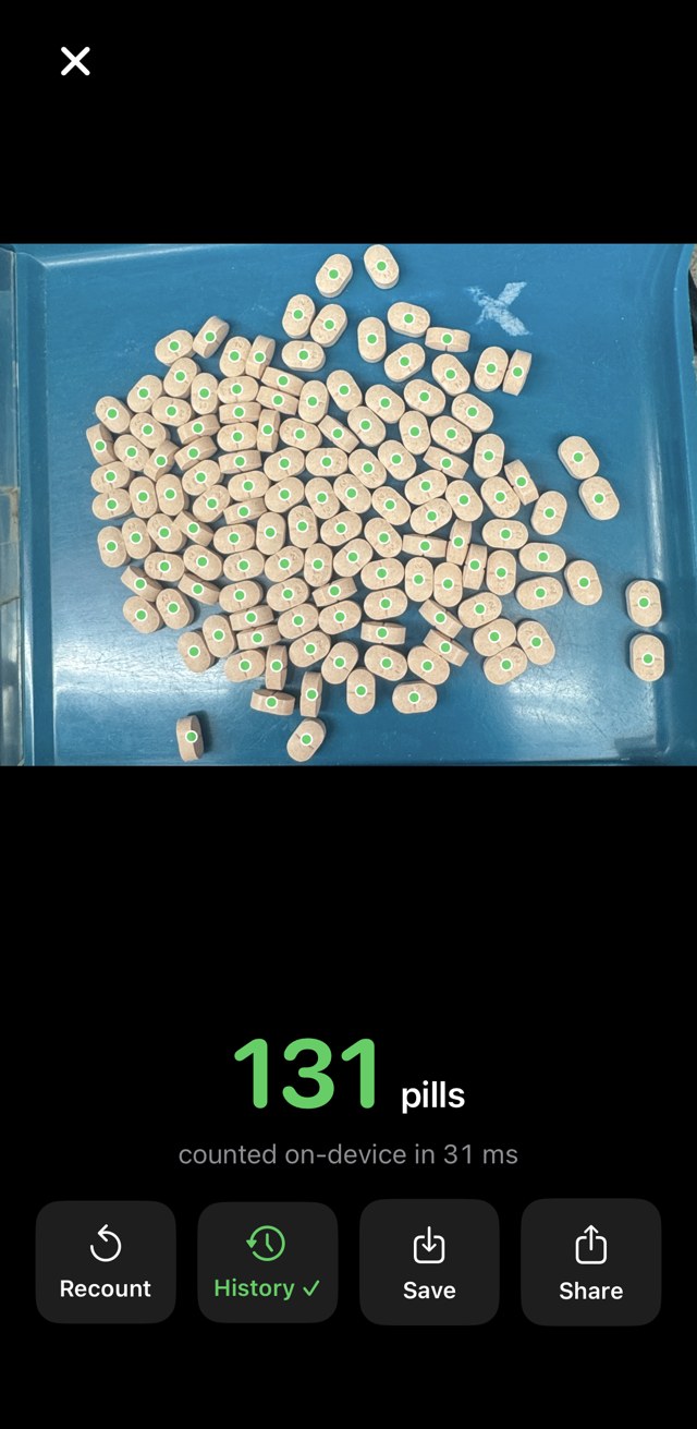 iOS app counting 131 tablets on-device in 31 ms