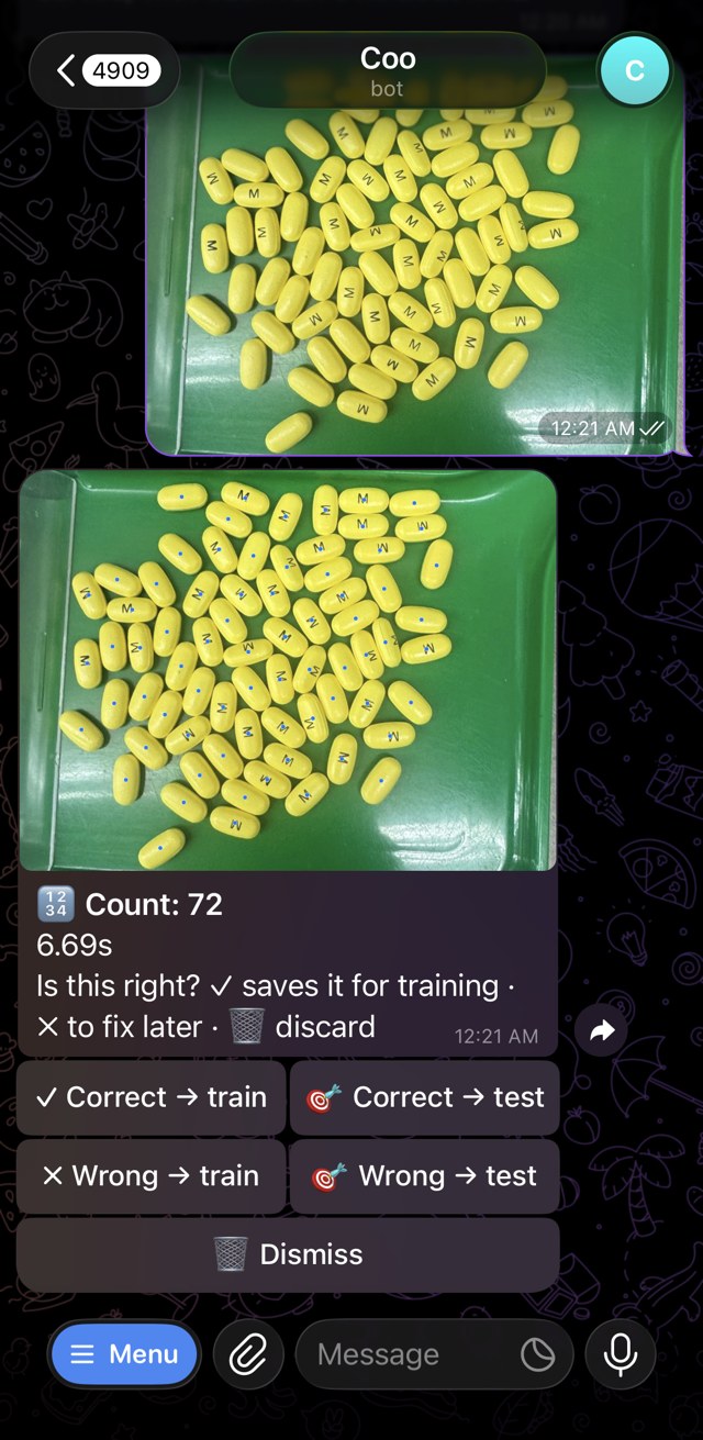 Chat after the first run: a photo answered with count 72, a dot on every tablet, correct/wrong buttons