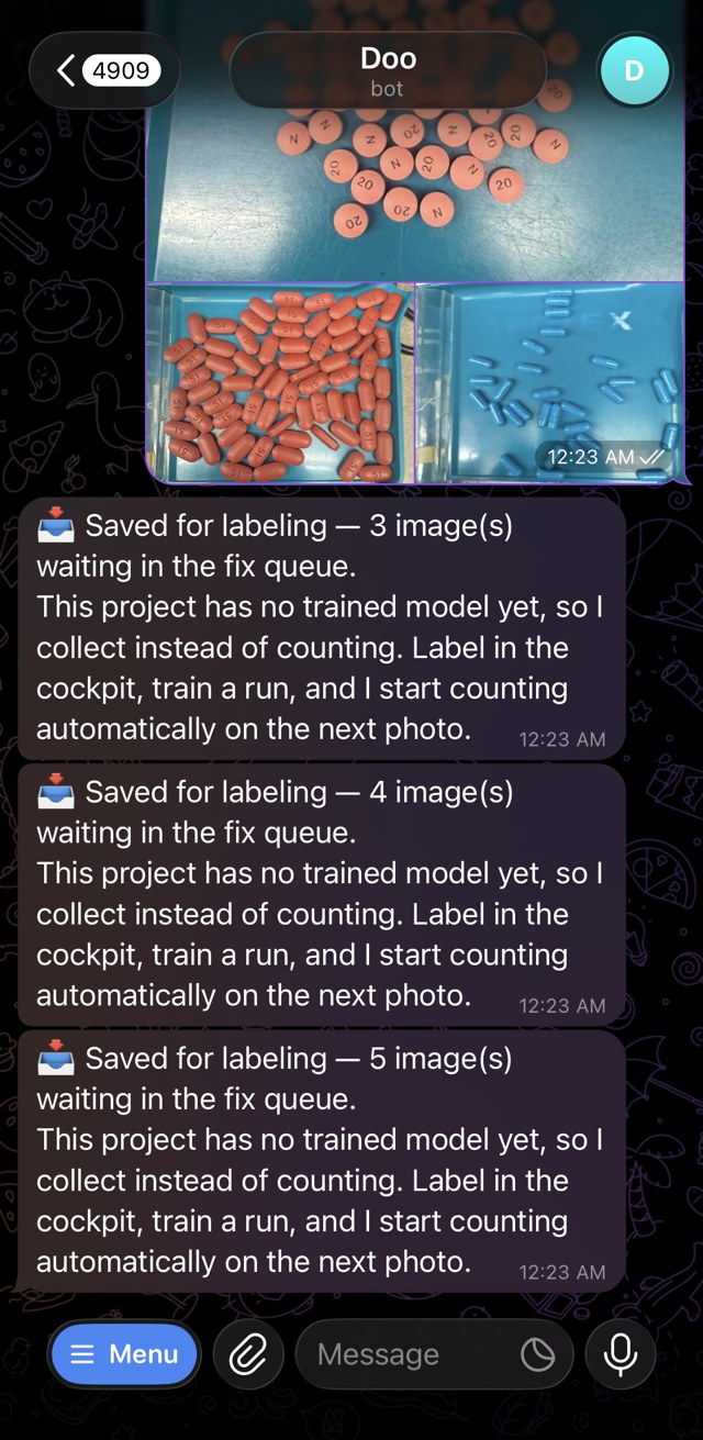 Chat before any model: photos saved for labeling — 3, then 4, then 5 waiting