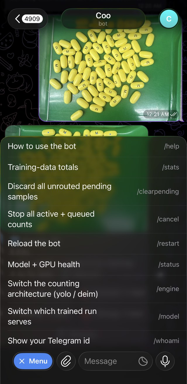 Chat: the bot's command menu — stats, restart, switch model