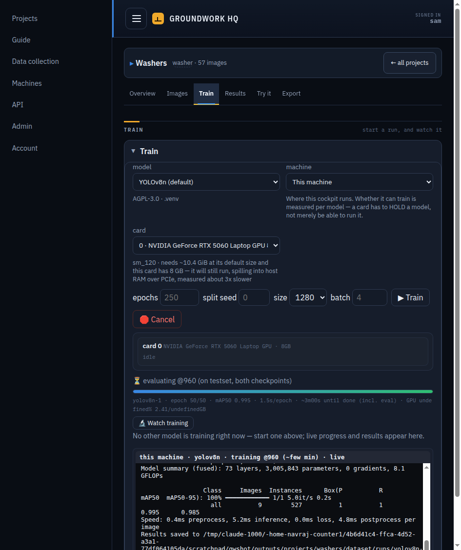 The Train tab mid-run: model, machine and card chosen, live progress below